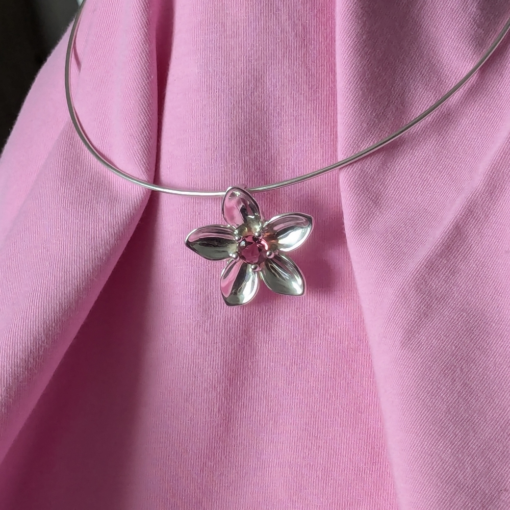 TIFFANY & CO Sterling Silver Pink Tourmaline Flower Pendant Choker Necklace 2003 - Picture 9 of 15